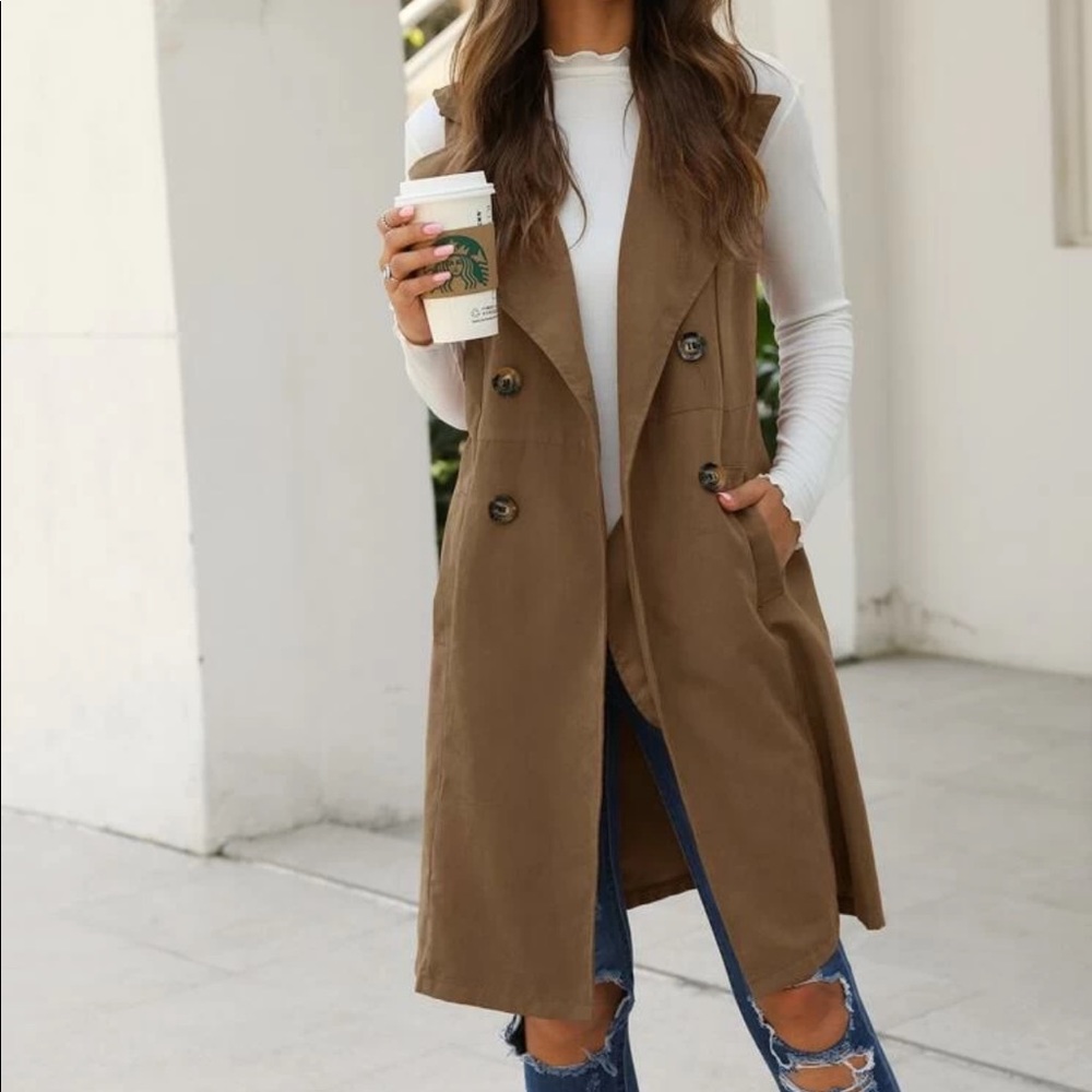 Vest Double Breasted Trench Coat Jacket black - Picture 7 of 8